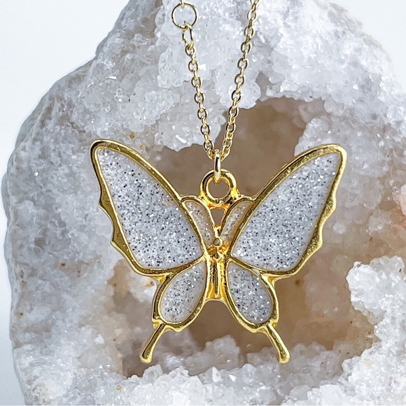 Love Jesse Jewelry - 3/$20 14k Gold White Glitter Resin Butterfly Handmade Charm Pendant Necklace